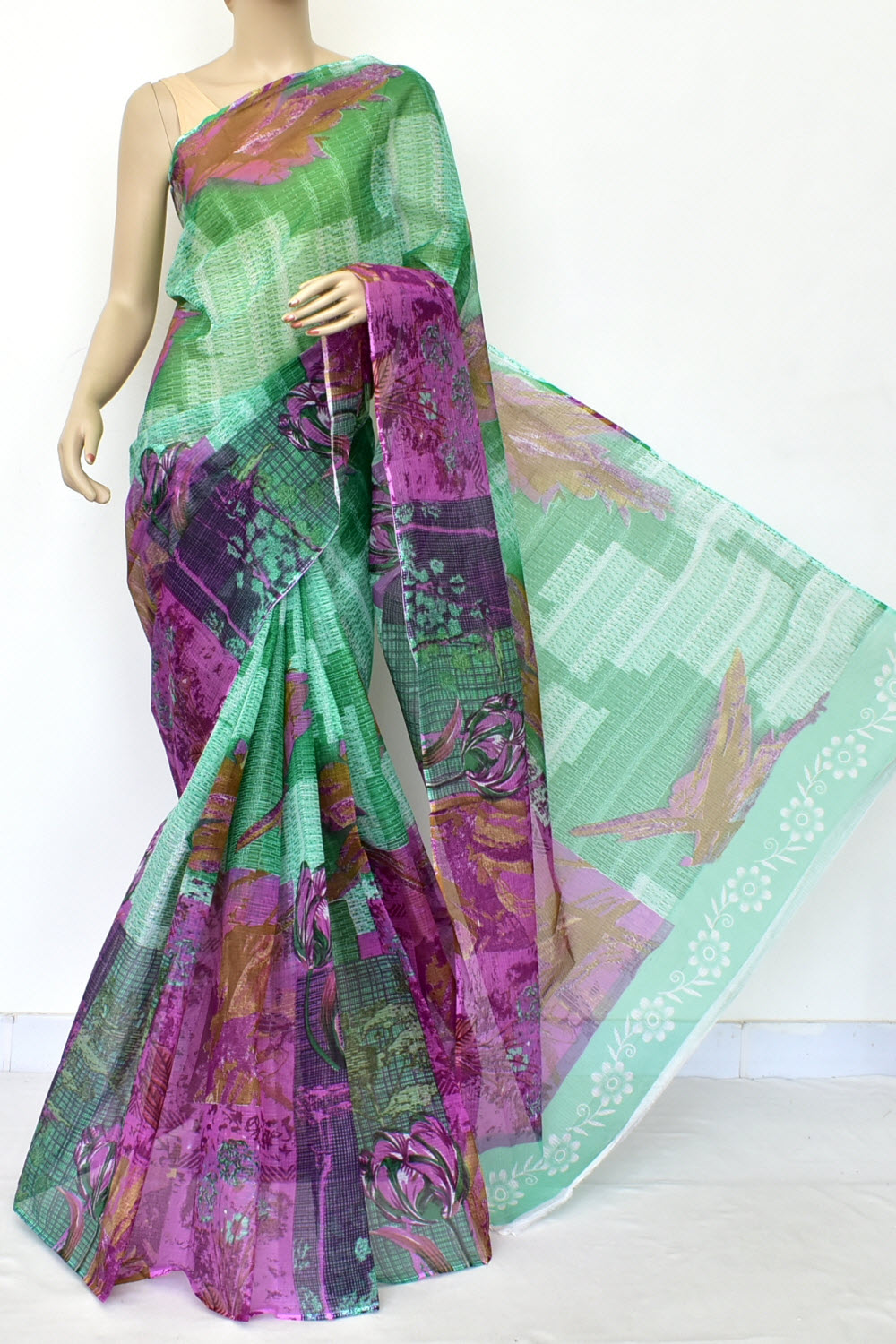 Green-Purple Handloom Kota Doria Cotton Saree 15573