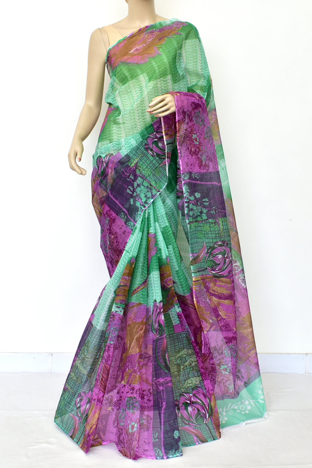 Green-Purple Handloom Kota Doria Cotton Saree 15573