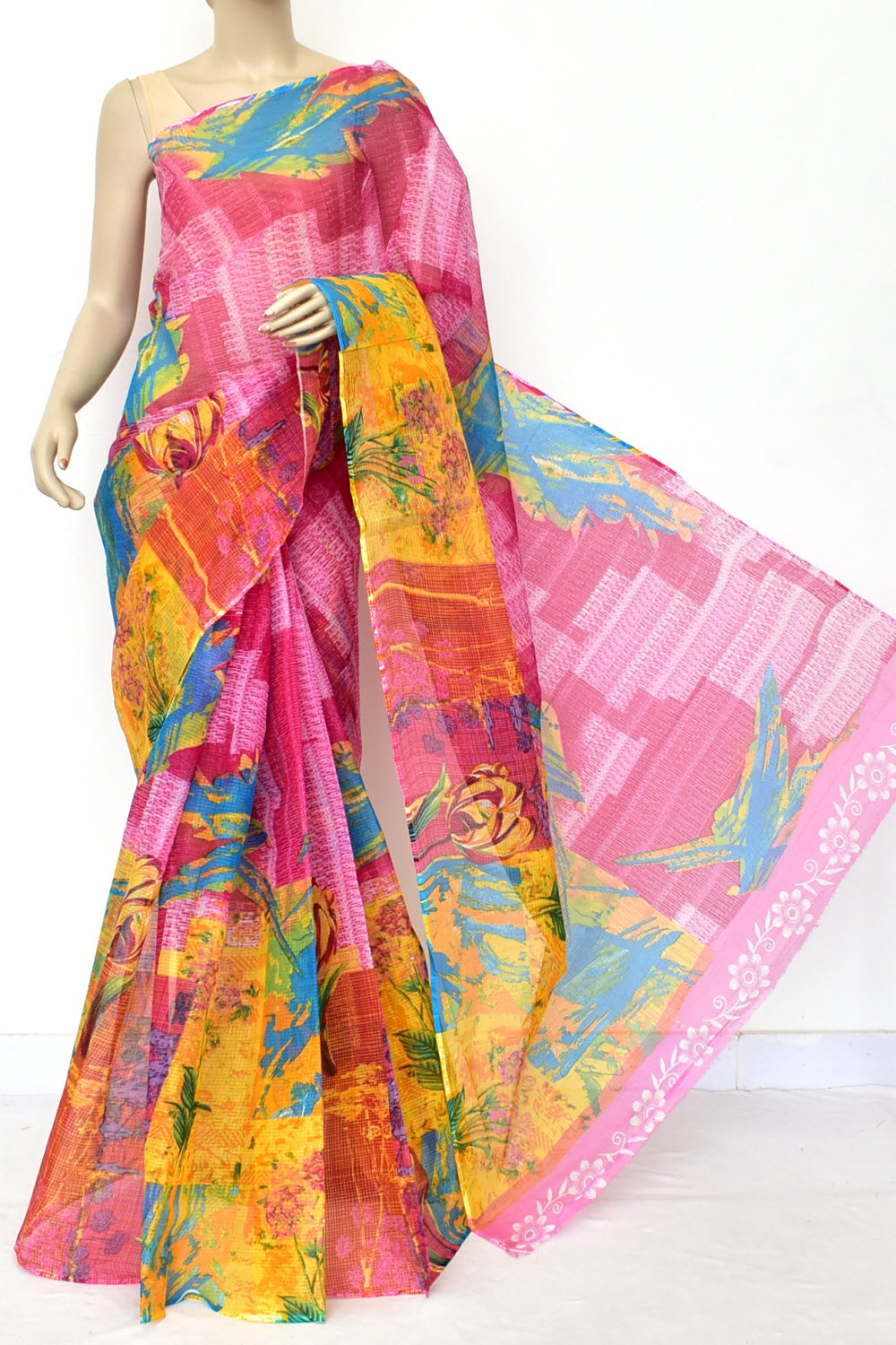 Rani Pink-Yellow Handloom Kota Doria Cotton Saree 15574