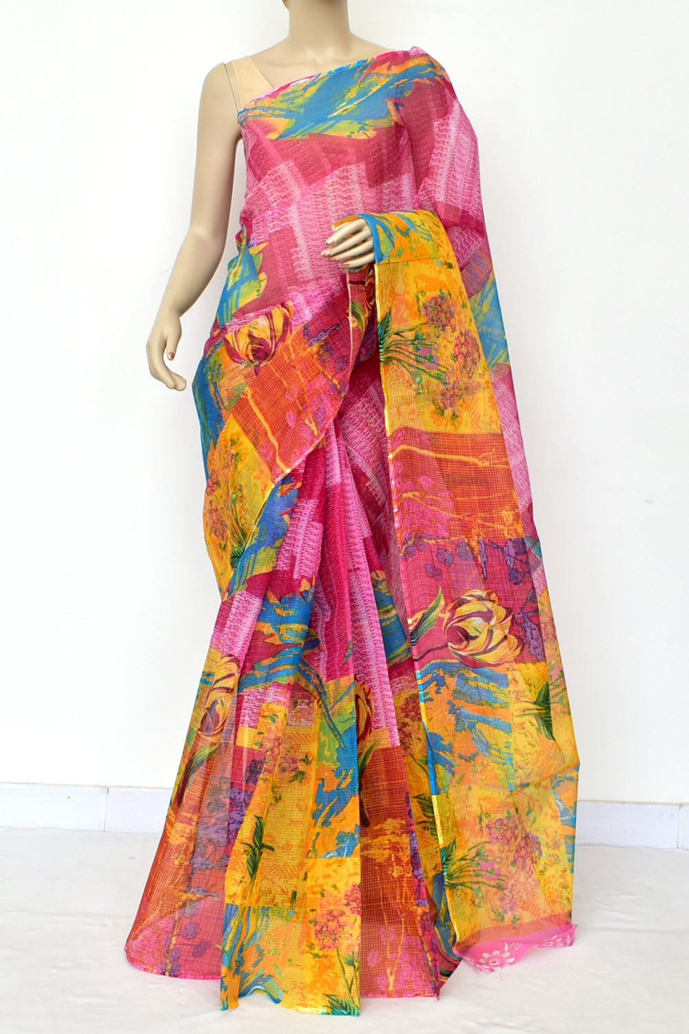 Rani Pink-Yellow Handloom Kota Doria Cotton Saree 15574