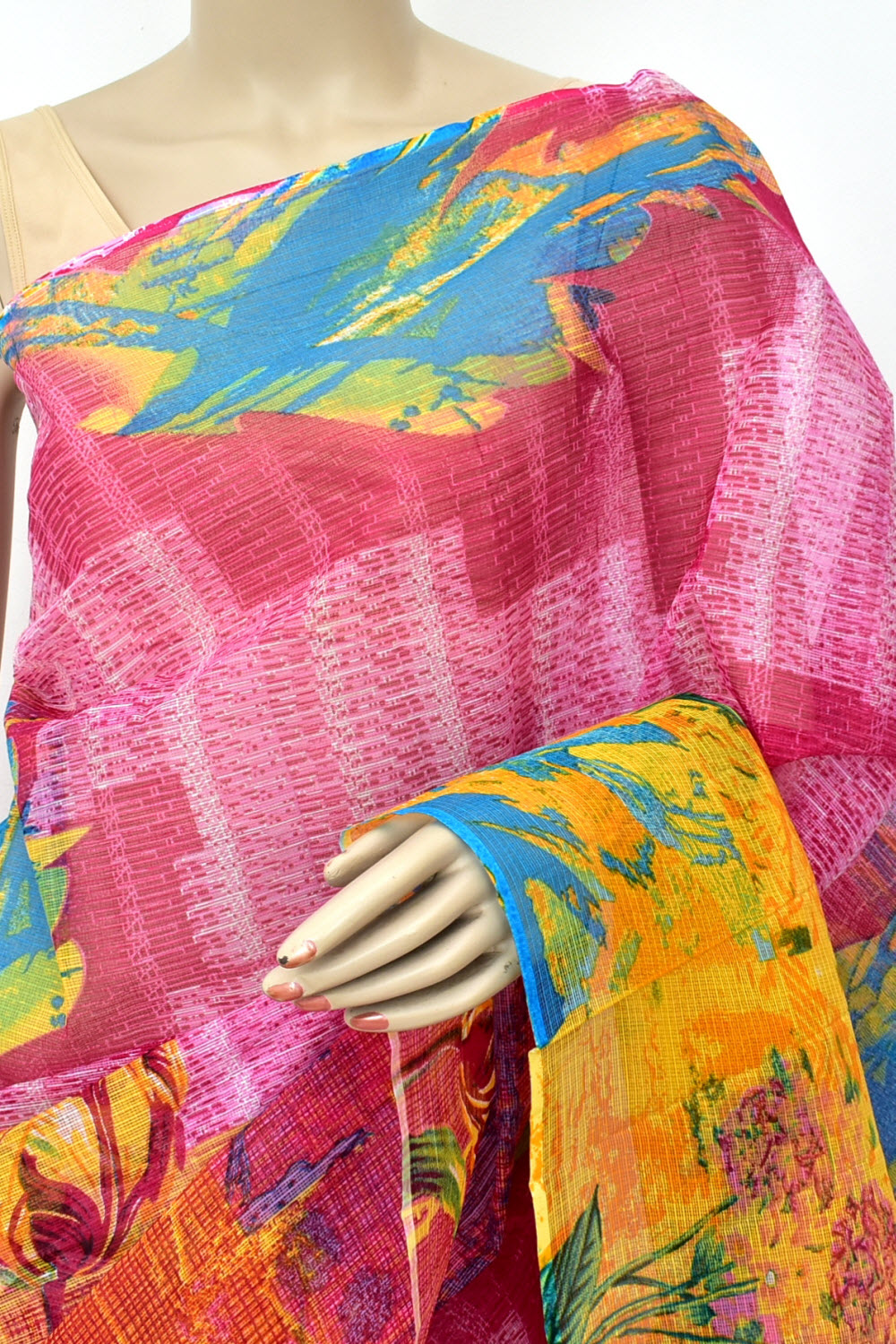 Rani Pink-Yellow Handloom Kota Doria Cotton Saree 15574