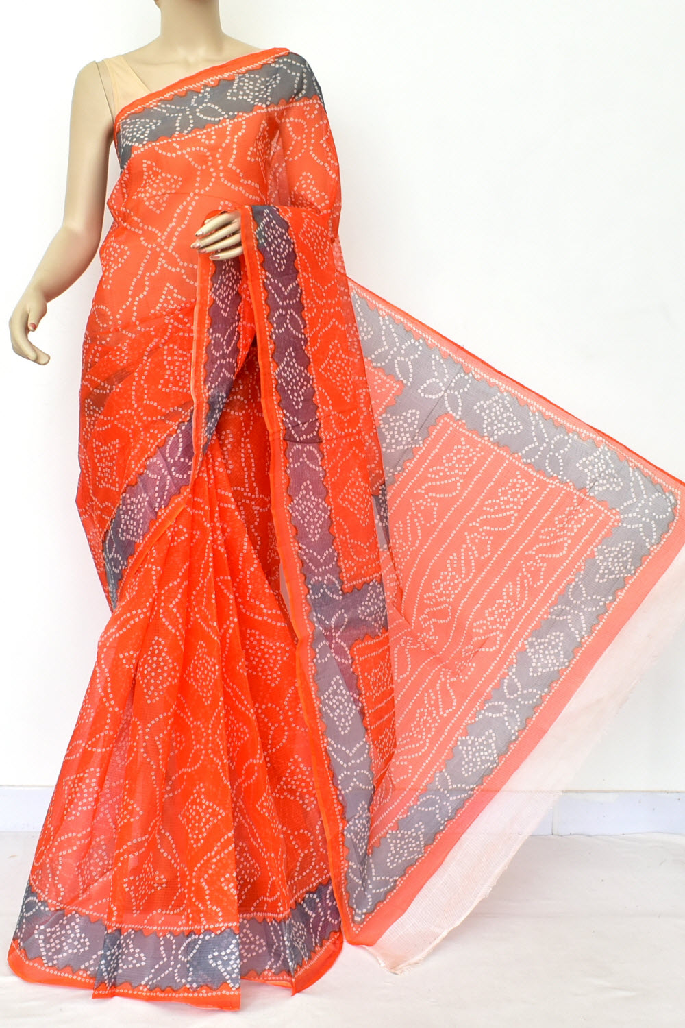 Orange-Grey Handloom Kota Doria Cotton Saree 15576