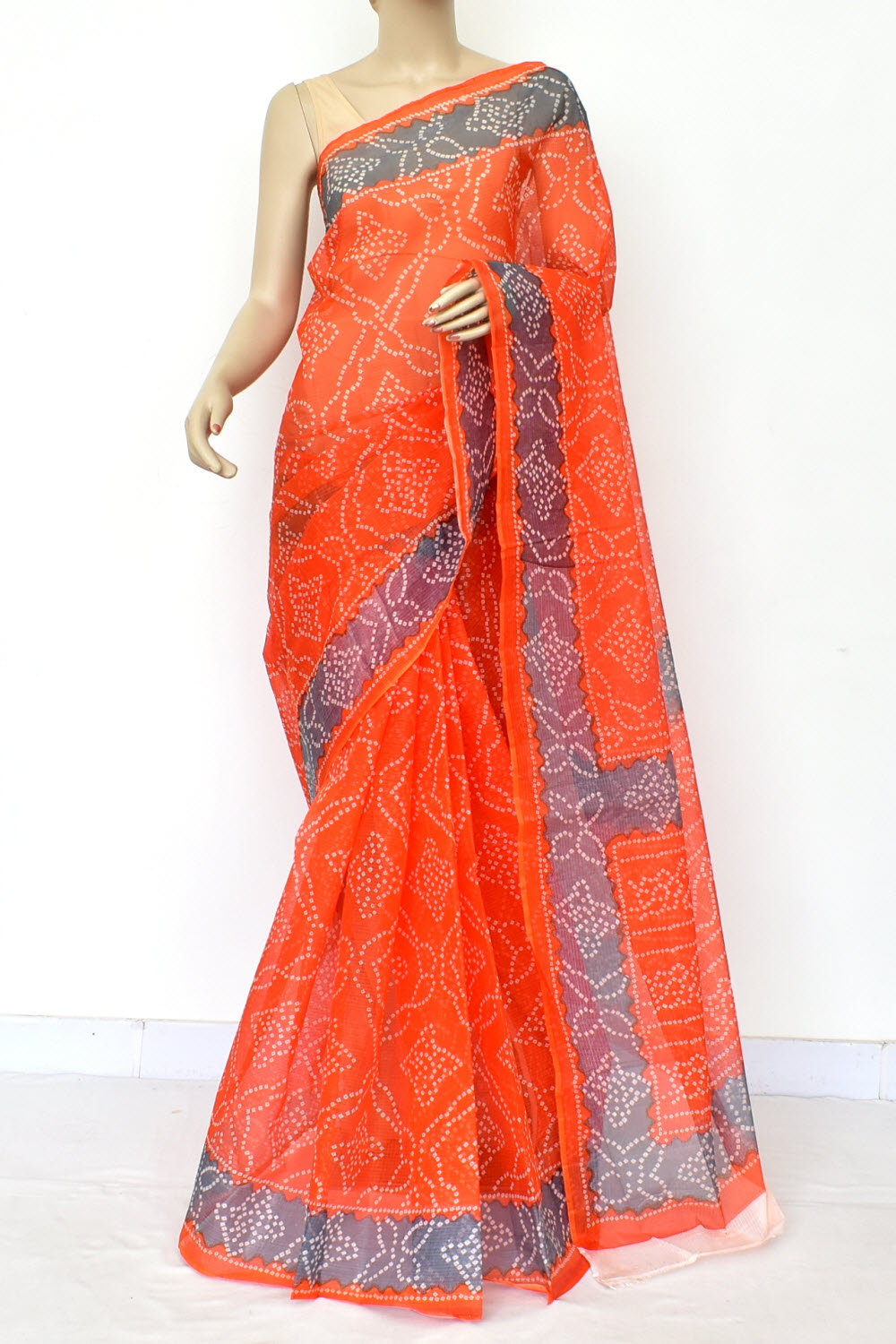 Orange-Grey Handloom Kota Doria Cotton Saree 15576
