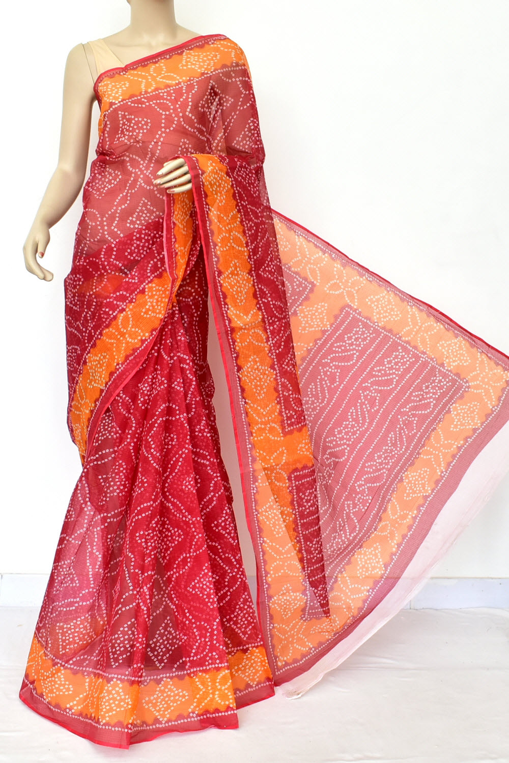 Red-Orange Handloom Kota Doria Cotton Saree