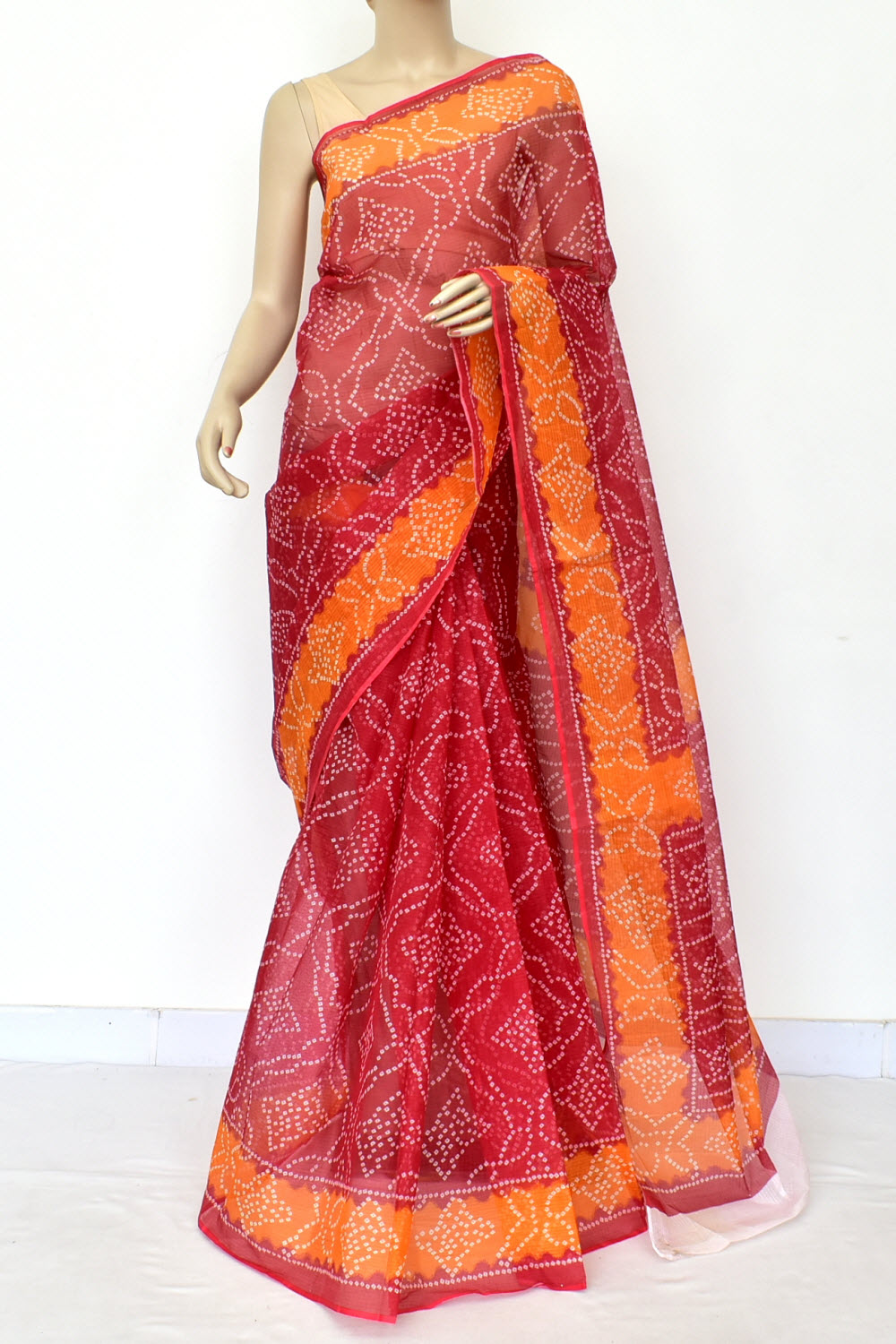 Red-Orange Handloom Kota Doria Cotton Saree