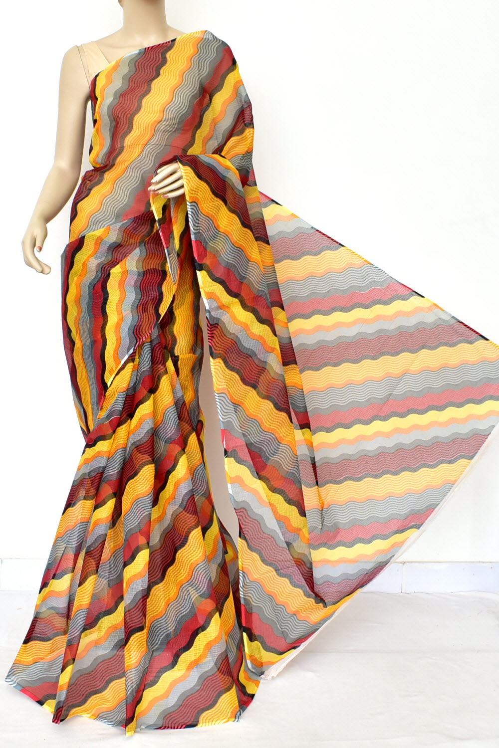 Yellow-Grey-Maroon Handloom Kota Doria Cotton Saree 15580