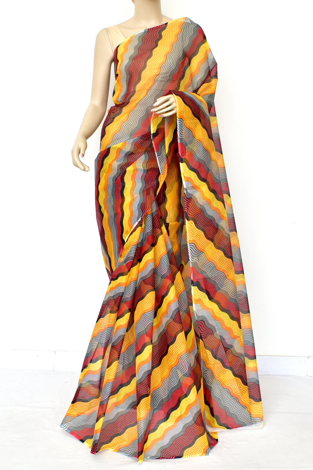 Yellow-Grey-Maroon Handloom Kota Doria Cotton Saree 15580