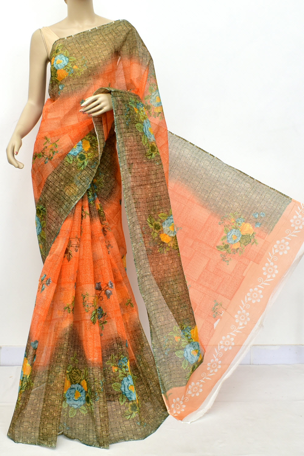 Orange Handloom Kota Doria Cotton Saree 15584