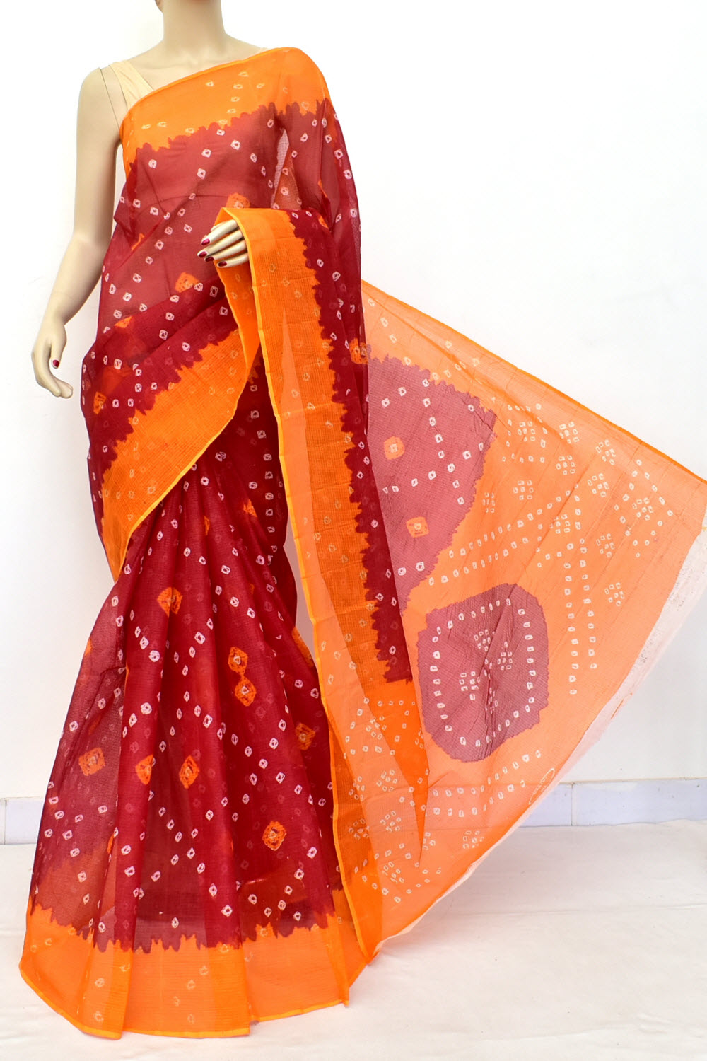 Red-Orange Handloom Kota Doria Cotton Saree 15593