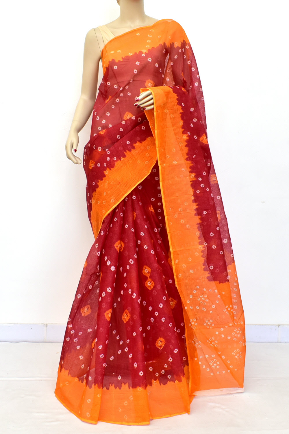 Red-Orange Handloom Kota Doria Cotton Saree 15593