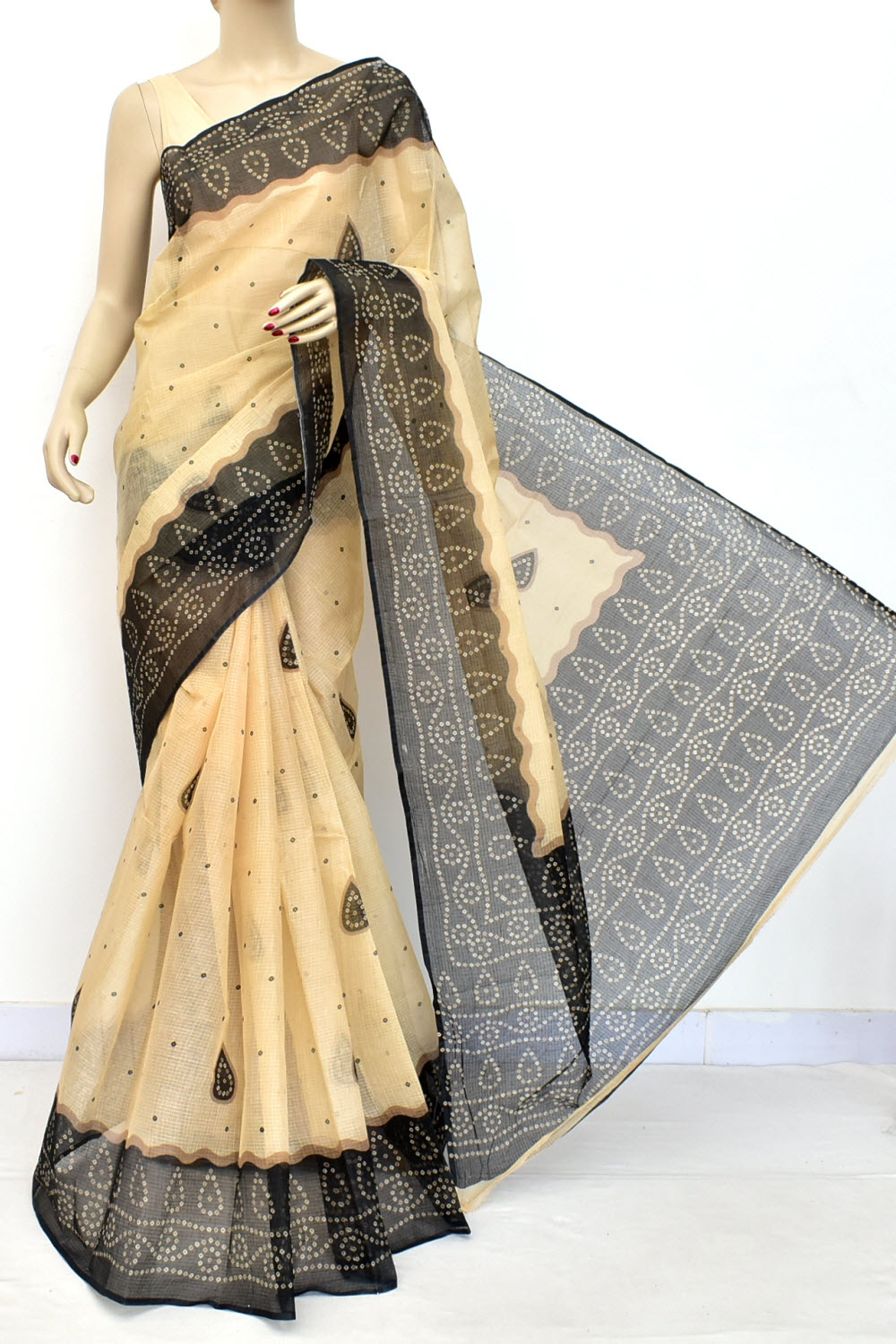 Fawn-Black Handloom Kota Doria Cotton Saree 15594