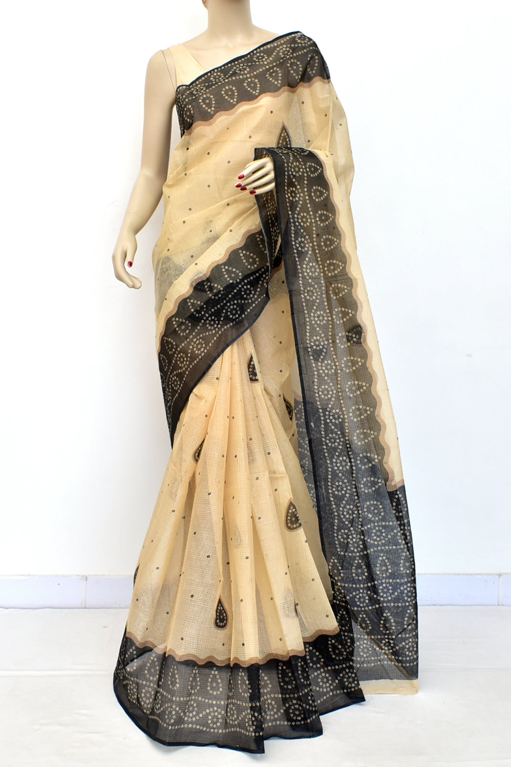 Fawn-Black Handloom Kota Doria Cotton Saree 15594