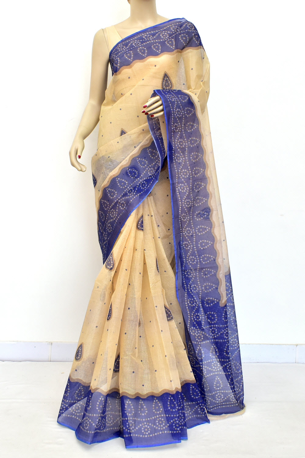 Fawn-Blue Handloom Kota Doria Cotton Saree 15596