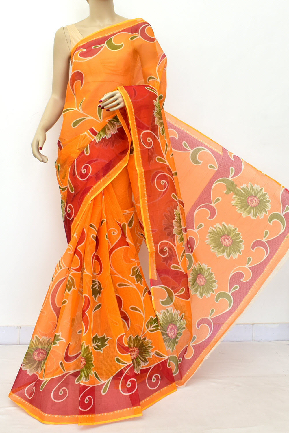Orange Handloom Kota Doria Cotton Saree 15598