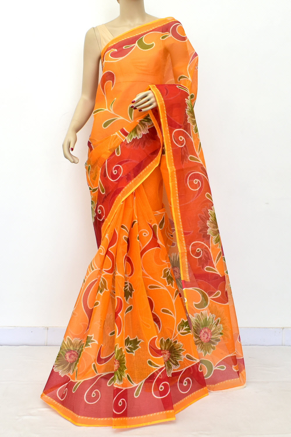Orange Handloom Kota Doria Cotton Saree 15598