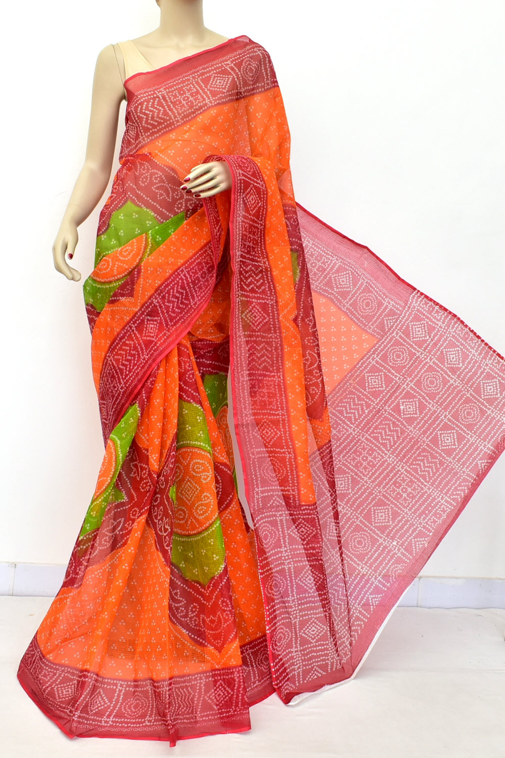 Red-Orange Handloom Kota Doria Cotton Saree 15601
