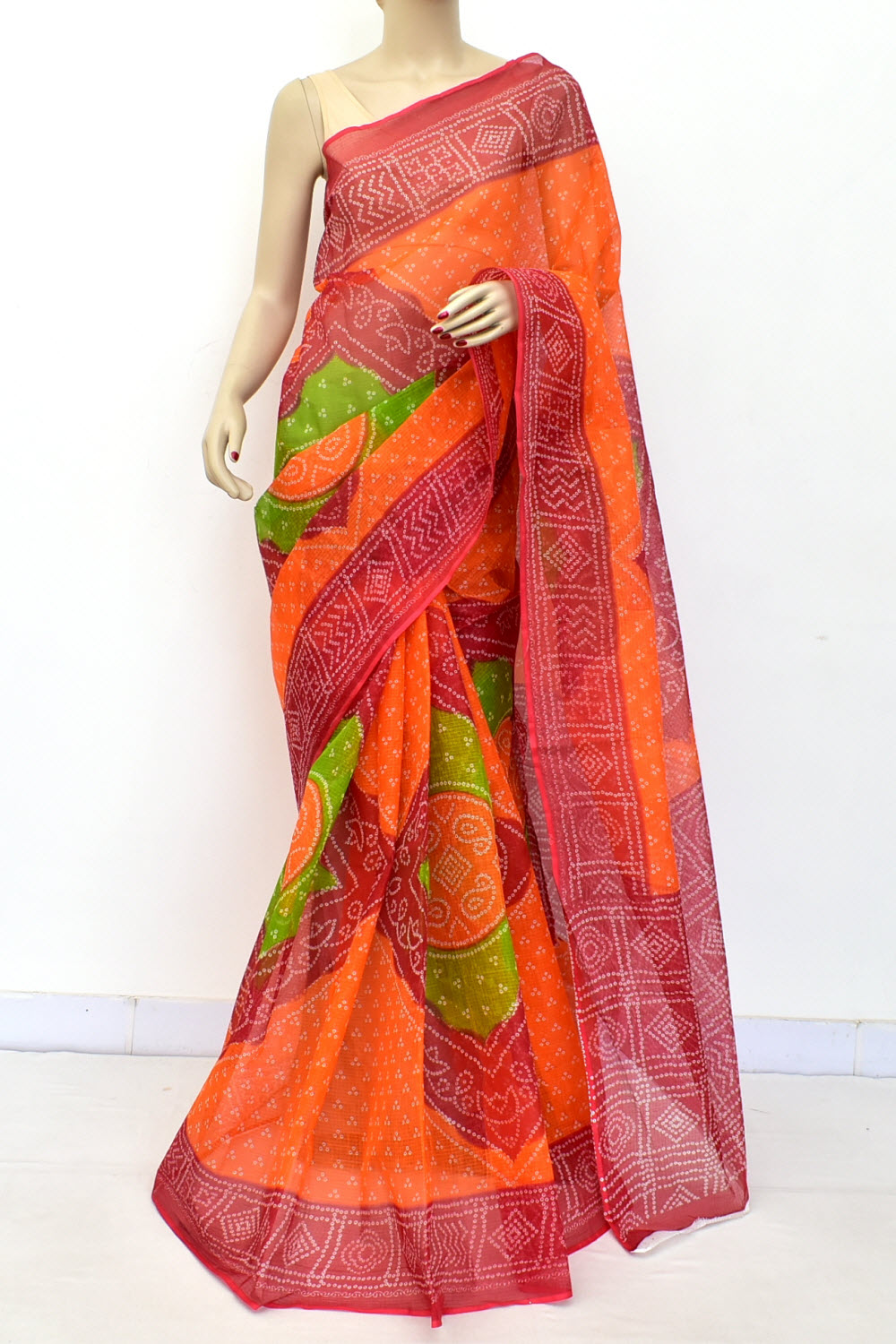 Red-Orange Handloom Kota Doria Cotton Saree 15601