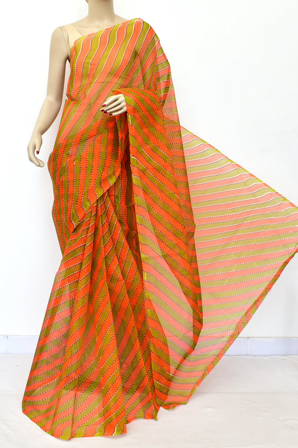 Orange-Green Handloom JP Munga Doria Cotton Saree 15603