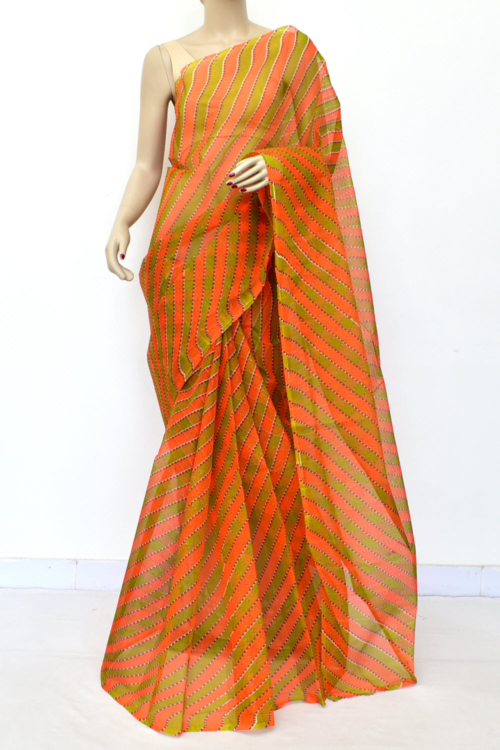 Orange-Green Handloom JP Munga Doria Cotton Saree 15603