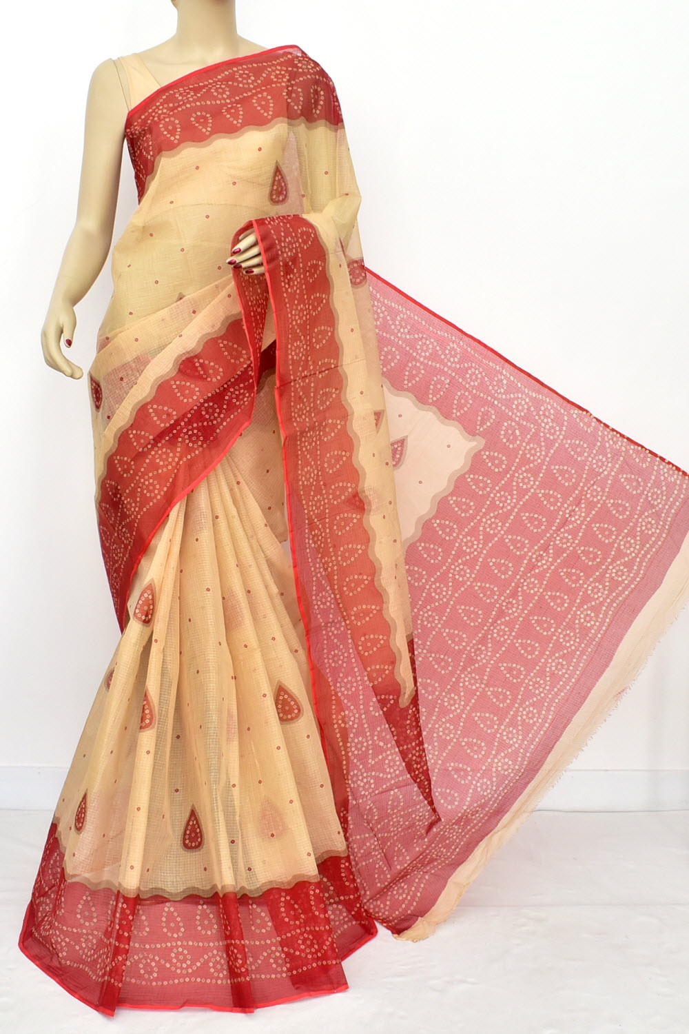 Fawn-Red Handloom Kota Doria Cotton Saree 15613