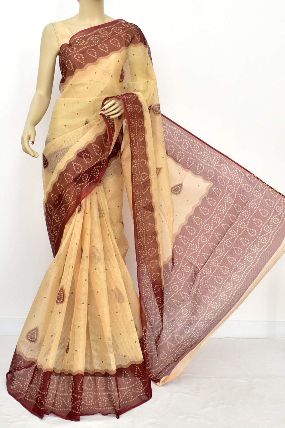 Fawn-Maroon Handloom Kota Doria Cotton Saree 15615