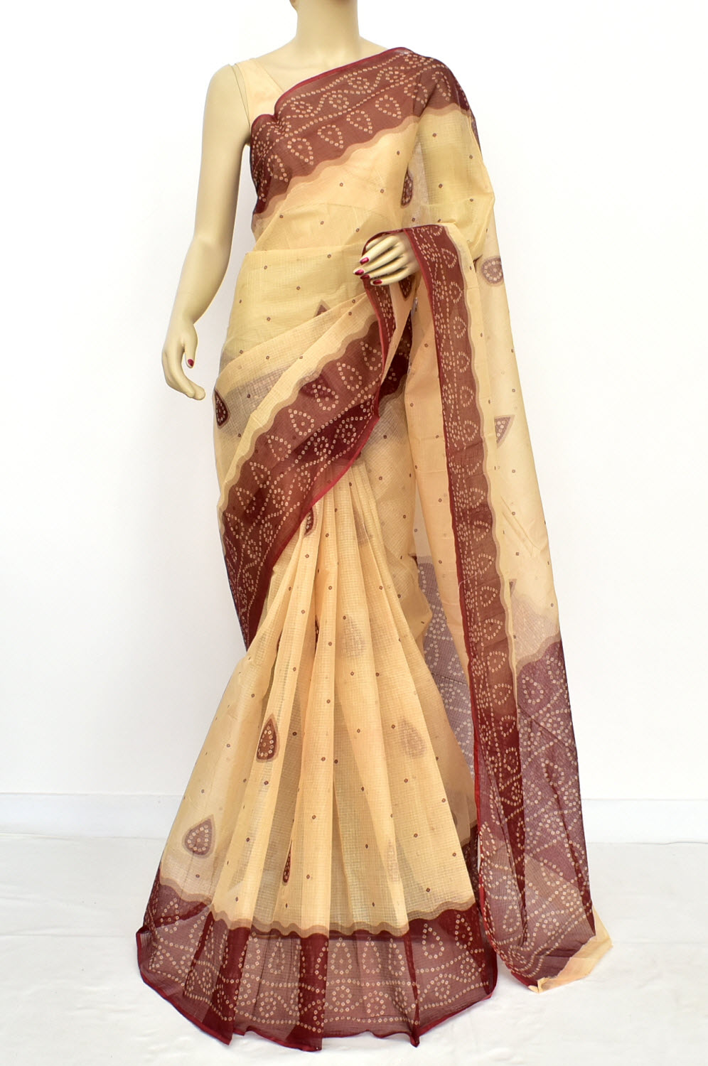 Fawn-Maroon Handloom Kota Doria Cotton Saree 15615
