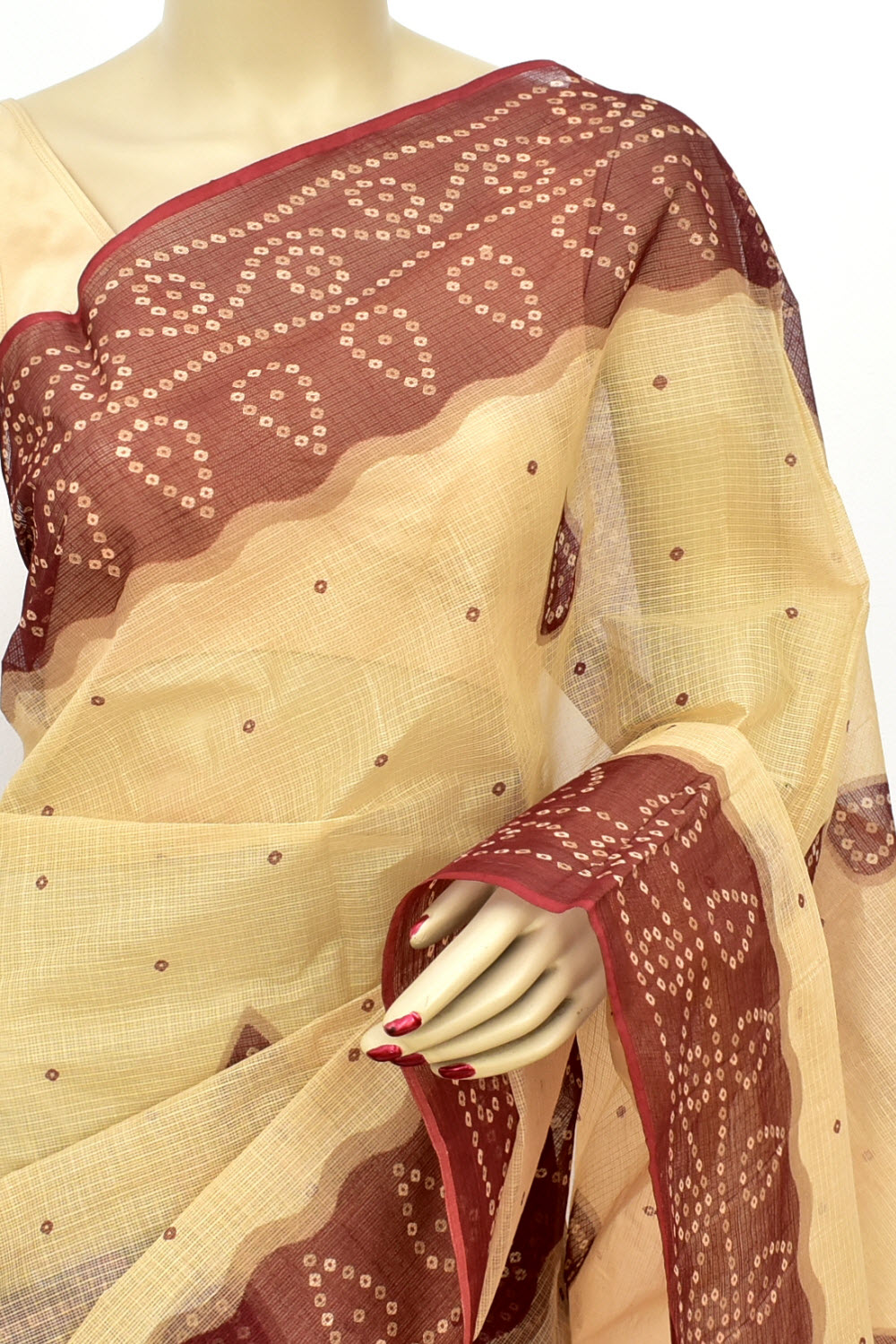 Fawn-Maroon Handloom Kota Doria Cotton Saree 15615