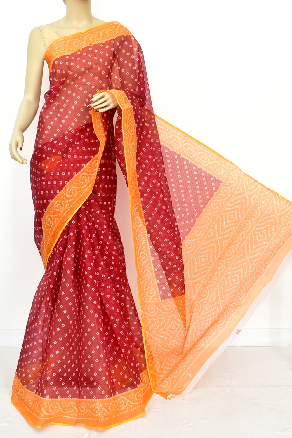 Red-Orange Handloom Kota Doria Cotton Saree 15616