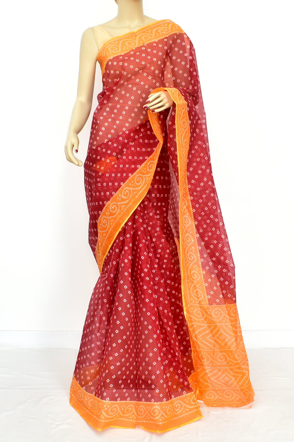 Red-Orange Handloom Kota Doria Cotton Saree 15616