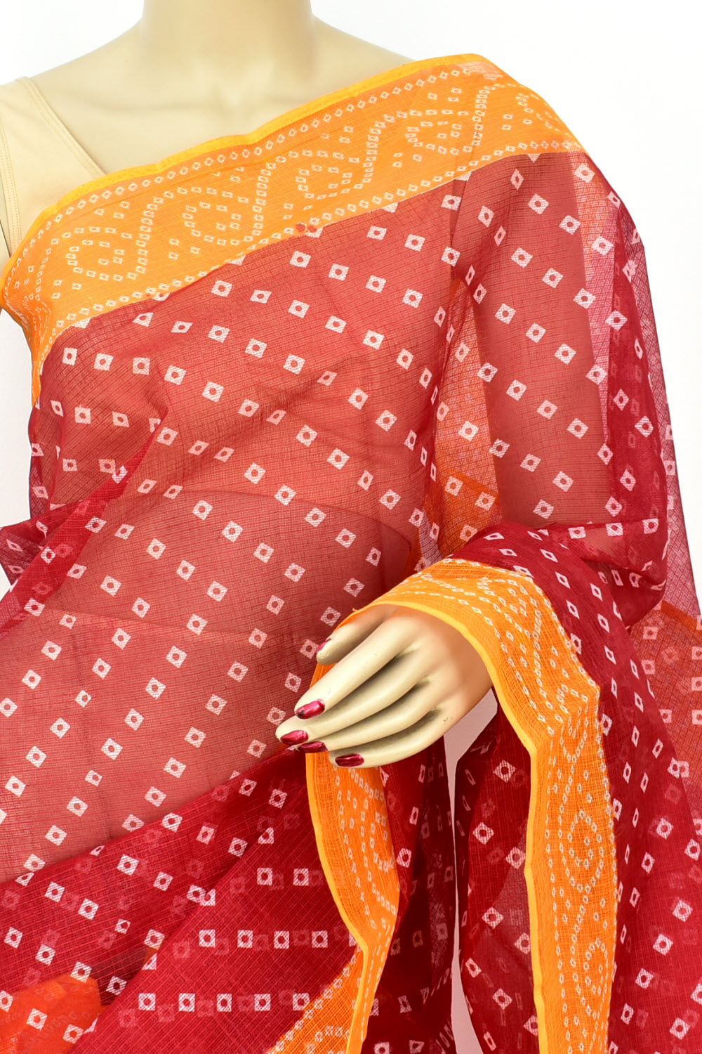 Red-Orange Handloom Kota Doria Cotton Saree 15616