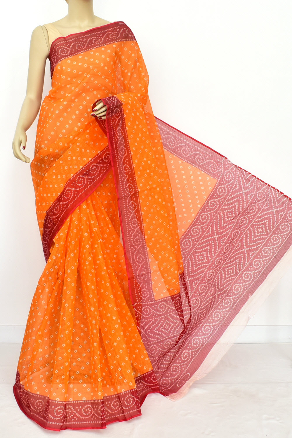 Orange-Red Handloom Kota Doria Cotton Saree 15618