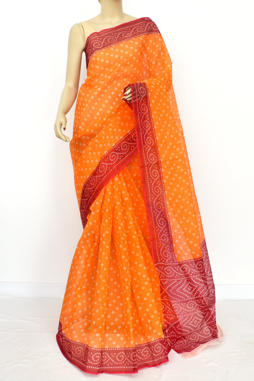 Orange-Red Handloom Kota Doria Cotton Saree 15618