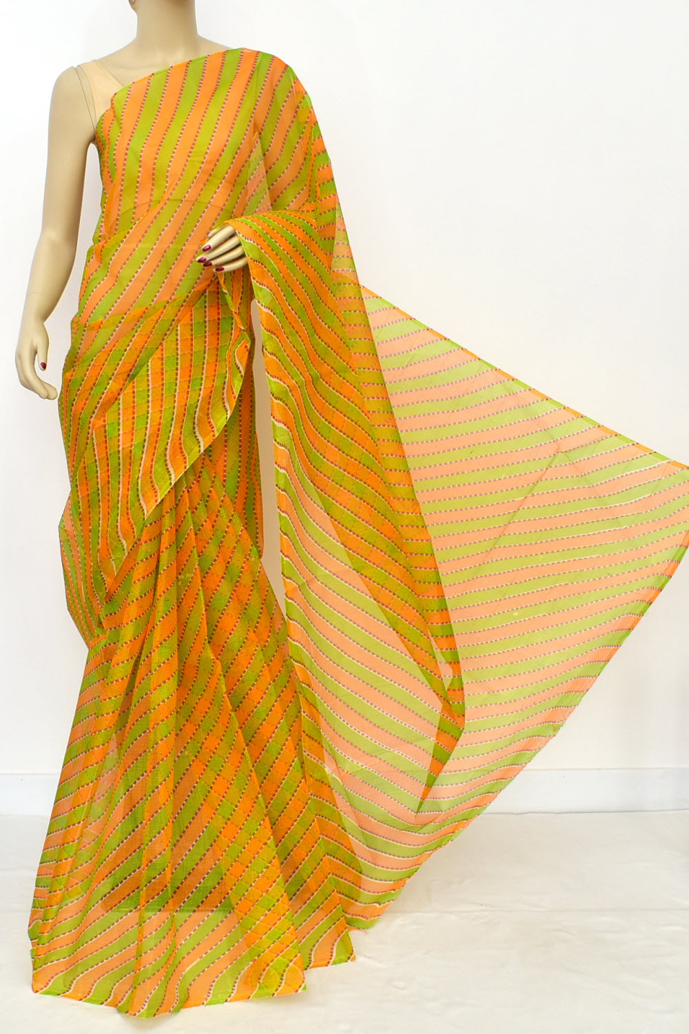 Green-Orange Handloom JP Munga Doria Cotton Saree 15627