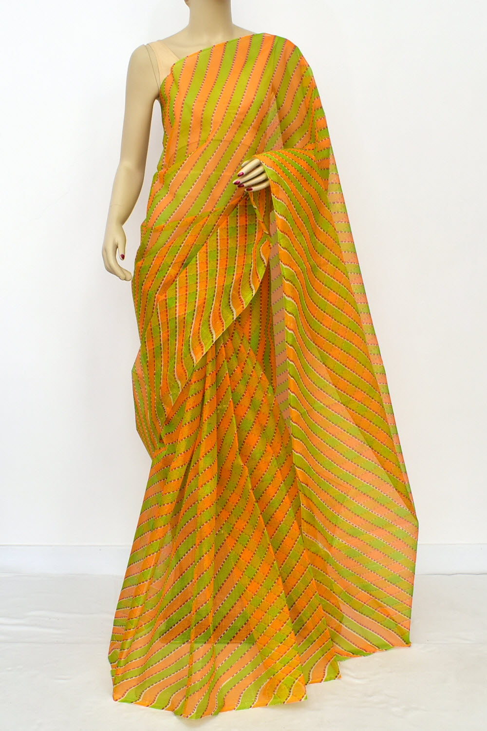 Green-Orange Handloom JP Munga Doria Cotton Saree 15627