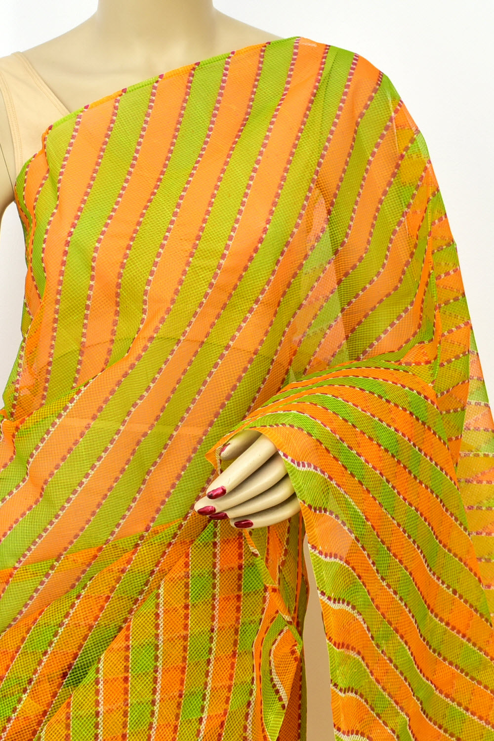 Green-Orange Handloom JP Munga Doria Cotton Saree 15627