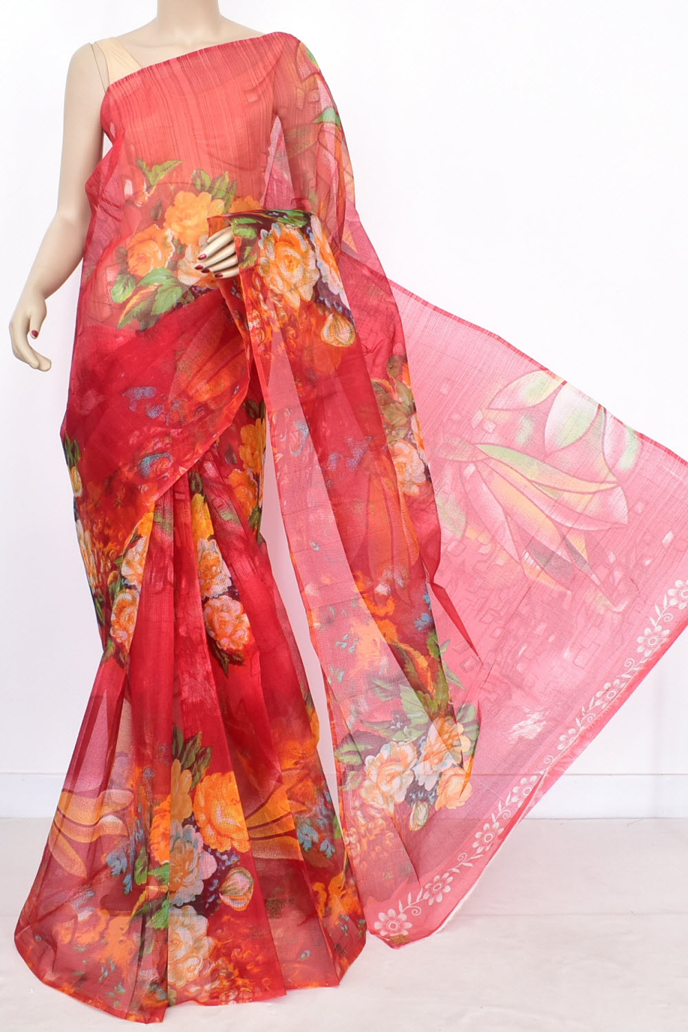 Red Floral Printed Handloom JP Munga Kota Cotton Saree without Blouse 15628