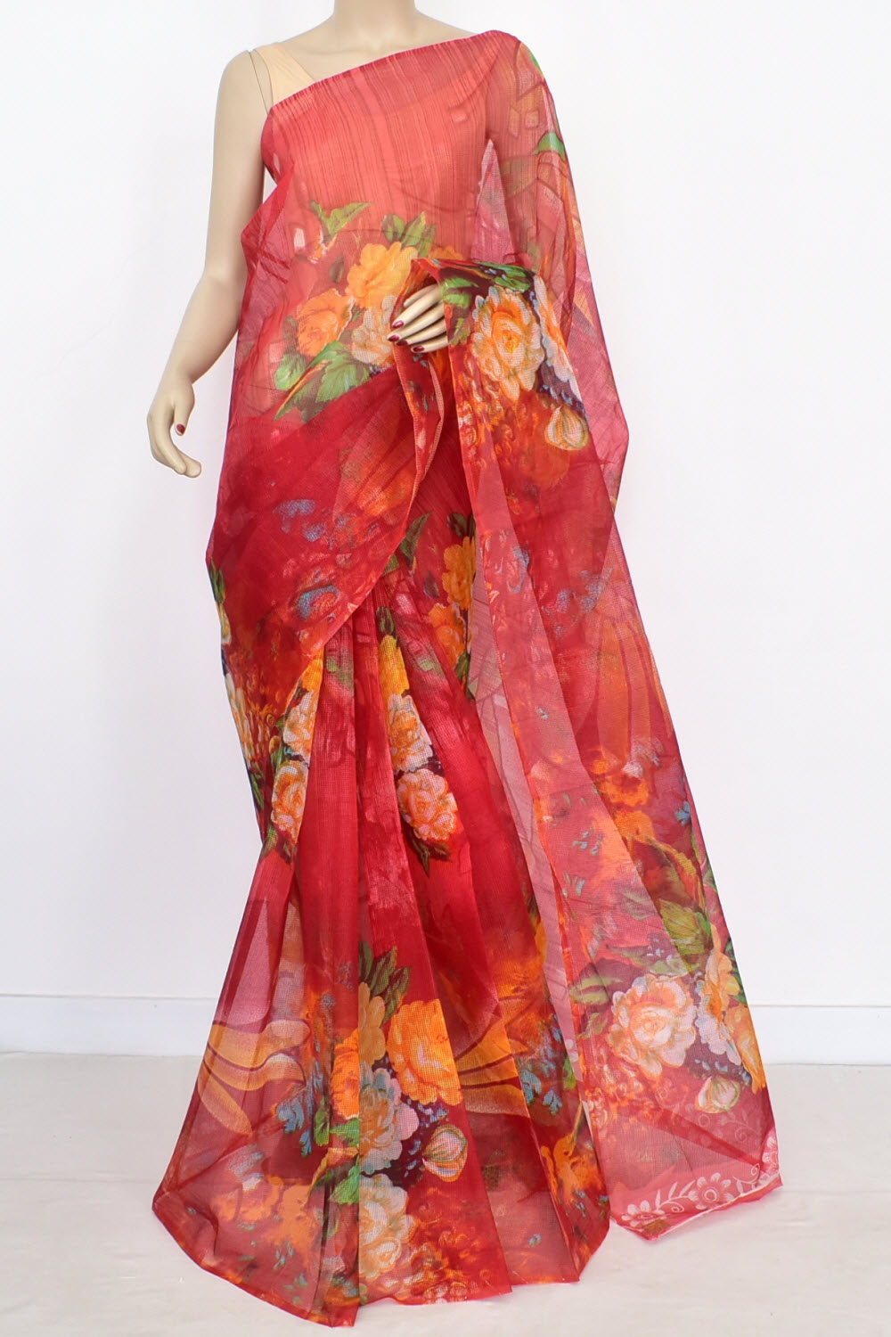 Red Floral Printed Handloom JP Munga Kota Cotton Saree without Blouse 15628