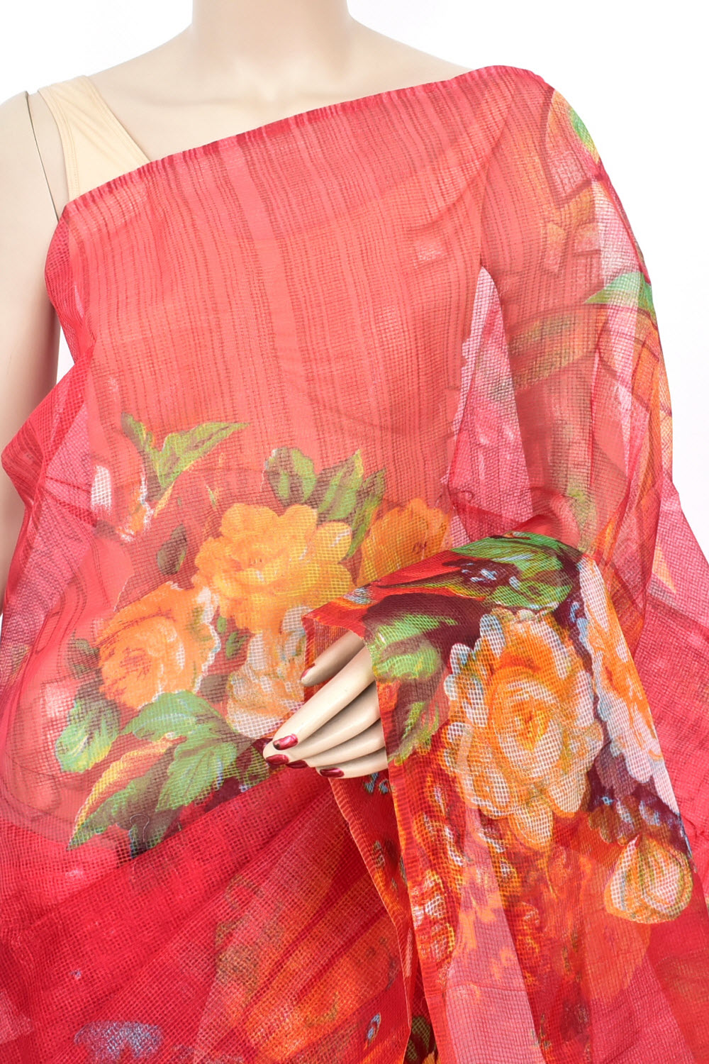 Red Floral Printed Handloom JP Munga Kota Cotton Saree without Blouse 15628