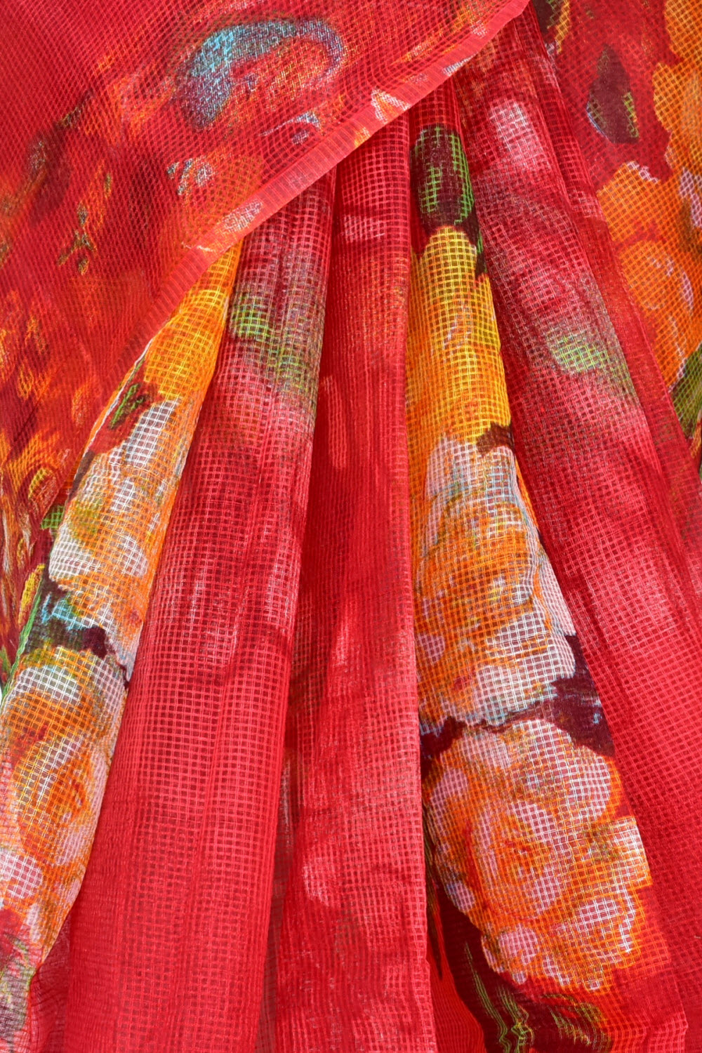 Red Floral Printed Handloom JP Munga Kota Cotton Saree without Blouse 15628