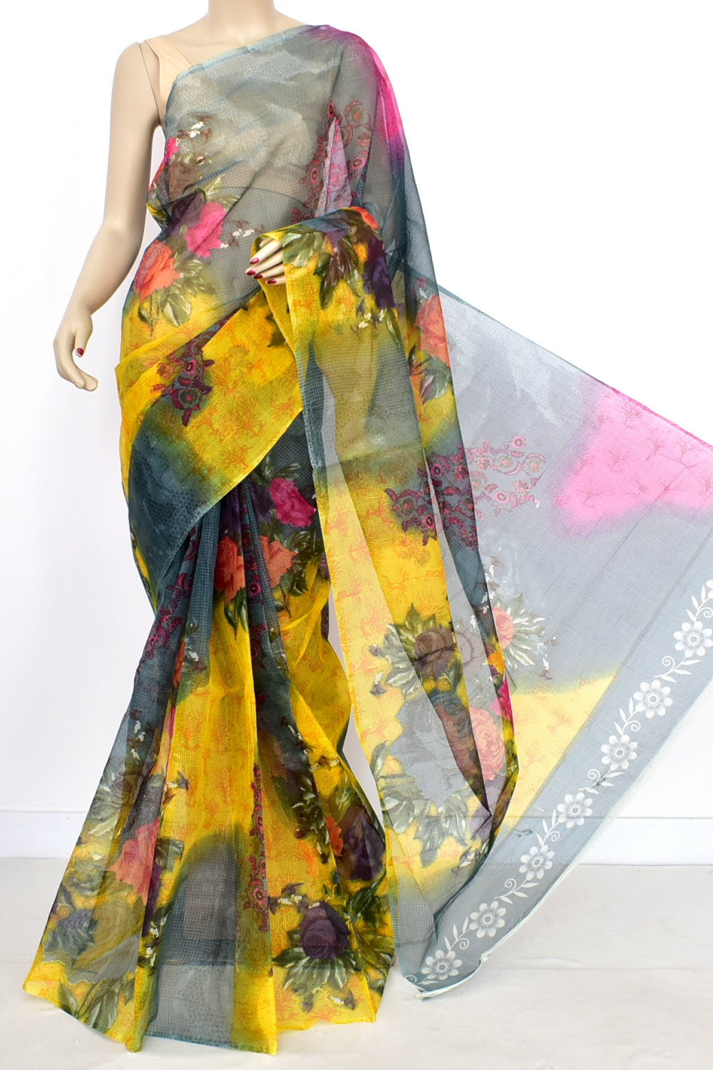 Yellow-Grey Floral Printed Handloom JP Munga Kota Cotton Saree without Blouse 15629