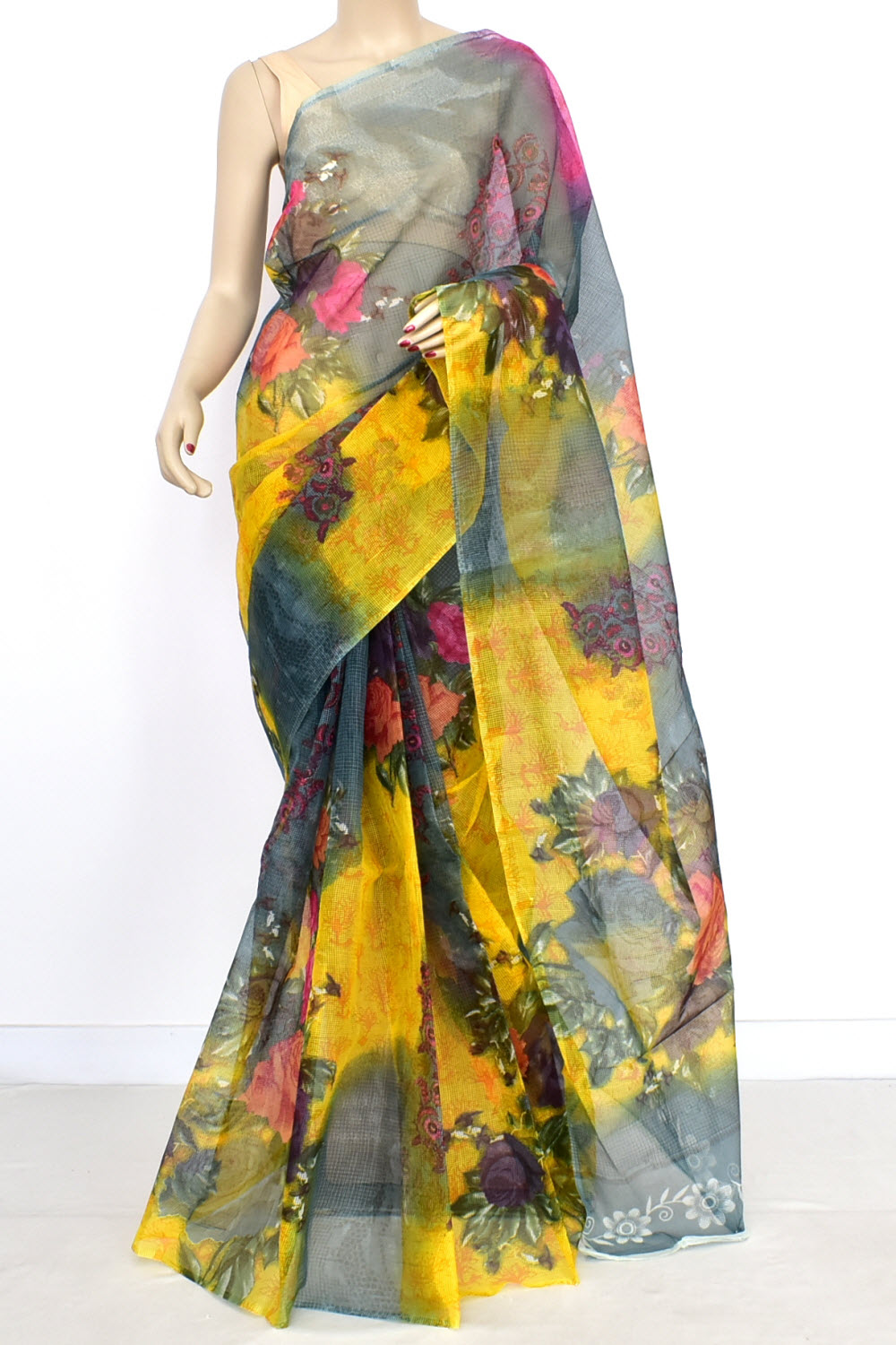 Yellow-Grey Floral Printed Handloom JP Munga Kota Cotton Saree without Blouse 15629