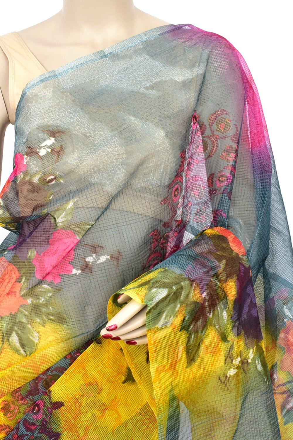 Yellow-Grey Floral Printed Handloom JP Munga Kota Cotton Saree without Blouse 15629