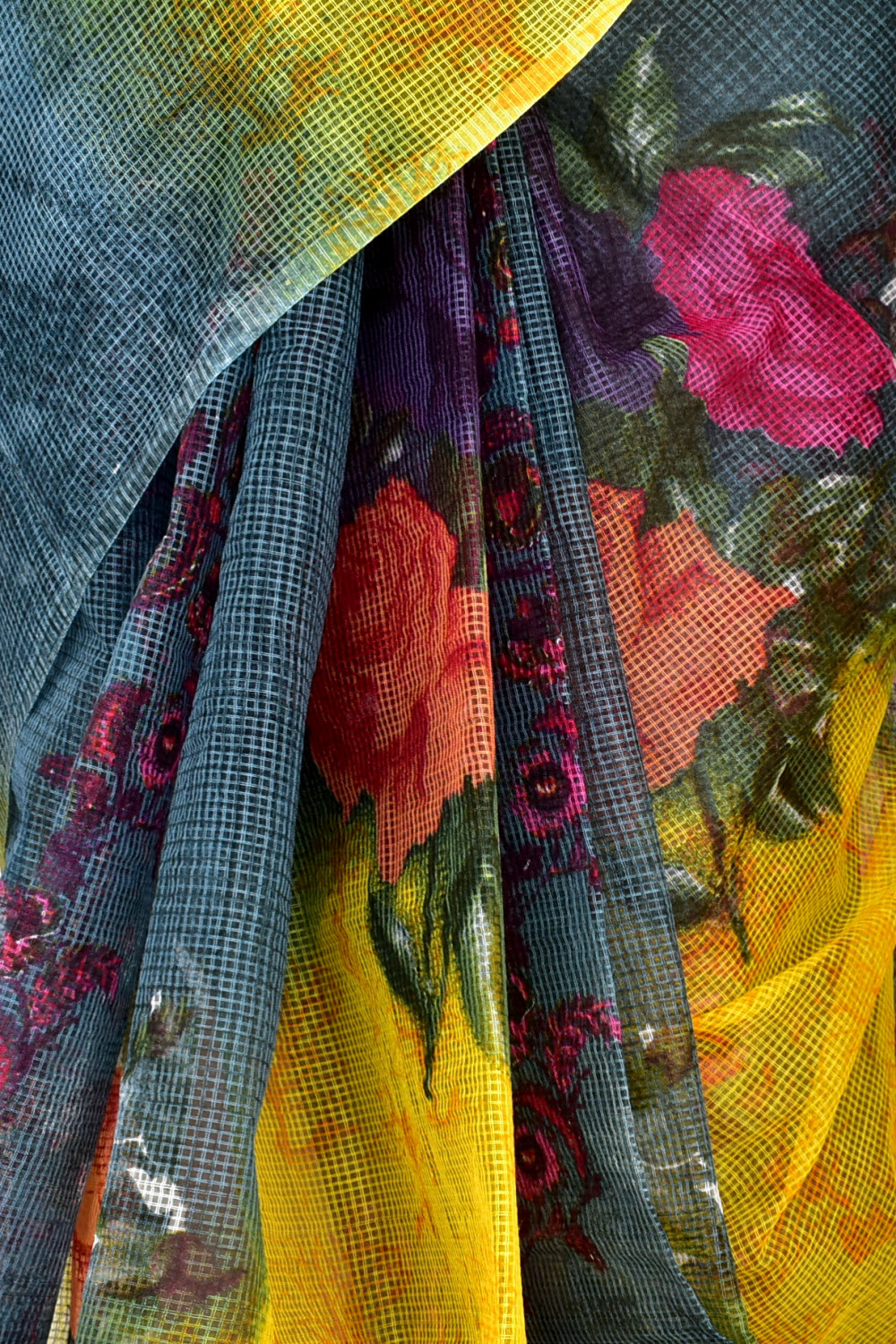 Yellow-Grey Floral Printed Handloom JP Munga Kota Cotton Saree without Blouse 15629