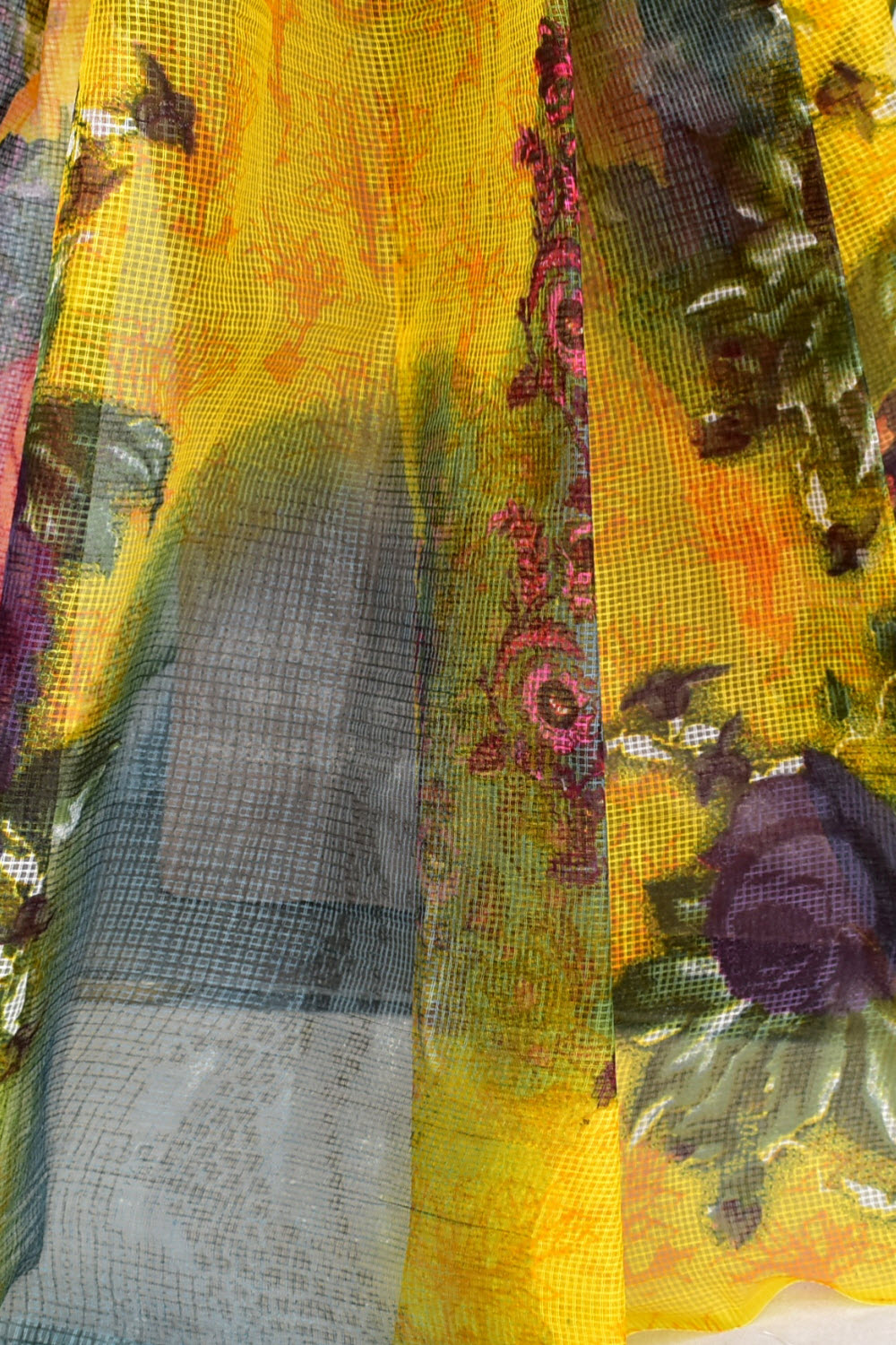 Yellow-Grey Floral Printed Handloom JP Munga Kota Cotton Saree without Blouse 15629