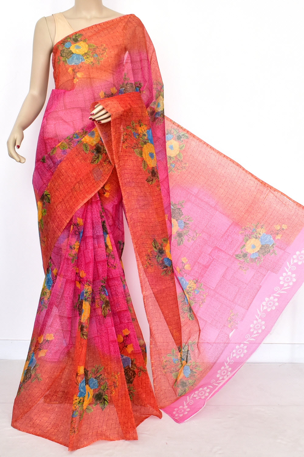 Pink-Red Floral Printed Handloom JP Munga Kota Cotton Saree without Blouse 15630