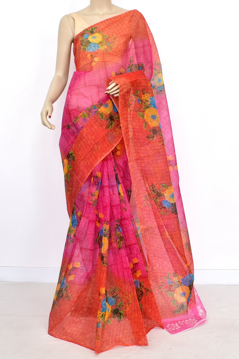 Pink-Red Floral Printed Handloom JP Munga Kota Cotton Saree without Blouse 15630