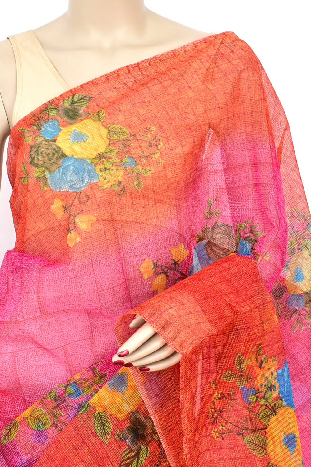Pink-Red Floral Printed Handloom JP Munga Kota Cotton Saree without Blouse 15630