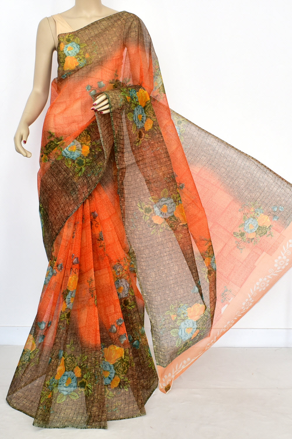 Orange-Coffee Discharge Print Handloom JP Munga Kota Cotton Saree without Blouse 15631