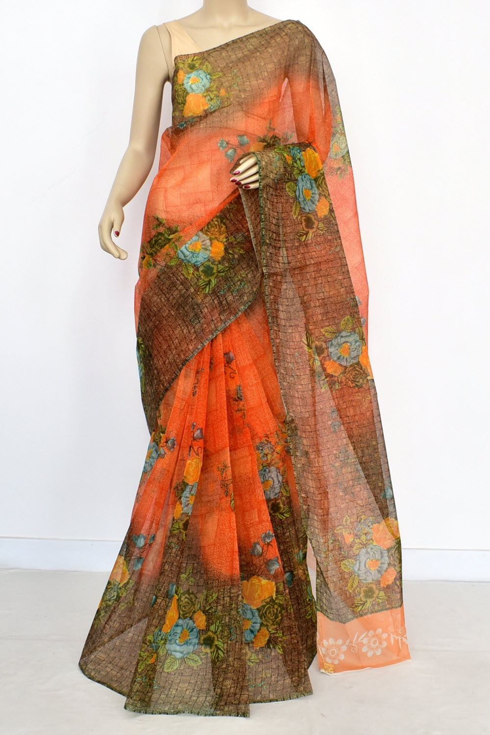 Orange-Coffee Discharge Print Handloom JP Munga Kota Cotton Saree without Blouse 15631