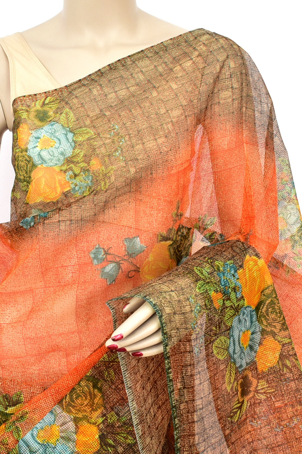 Orange-Coffee Discharge Print Handloom JP Munga Kota Cotton Saree without Blouse 15631